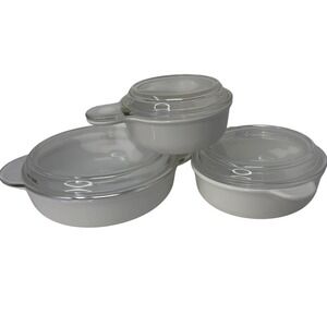 Vintage Corning Ware Grab-It Bowls Set 3 White Casseroles Glass Lids P-150 P-240